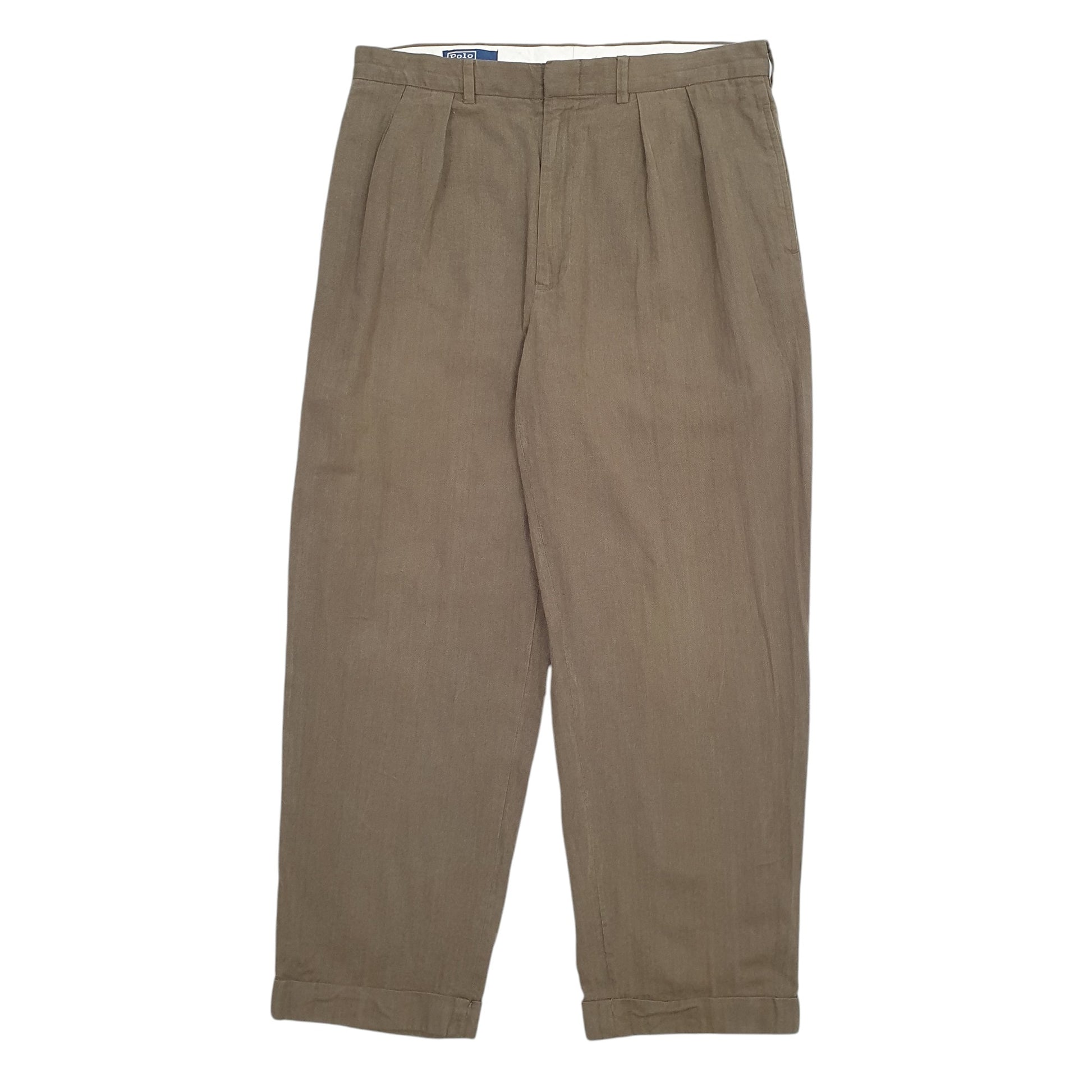Mens Khaki Polo Ralph Lauren Double Pleated Vintage 2000's Chino Trousers
