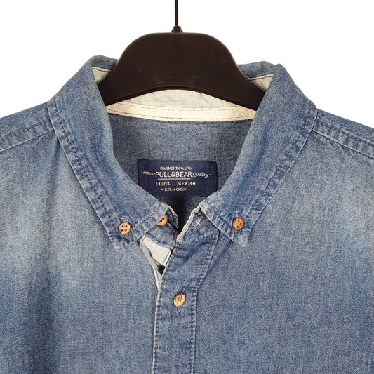 Mens Blue Pull & Bear Chambray Long Sleeve Shirt