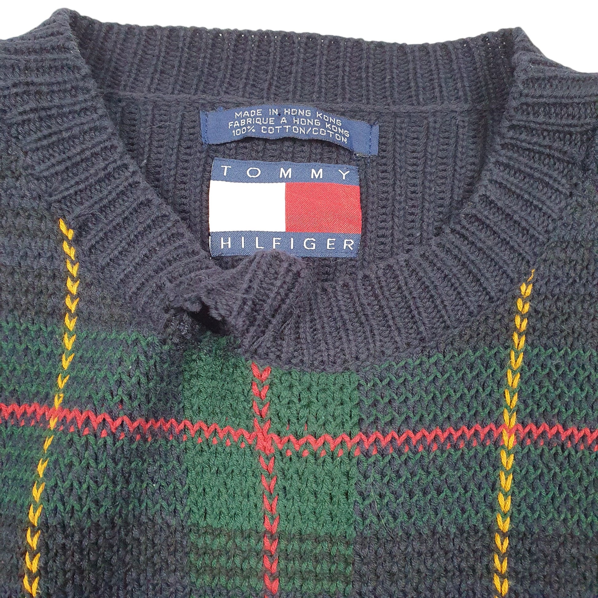Mens Navy Tommy Hilfiger Vintage Knit Tartan 90s Sweater Crewneck Jumper