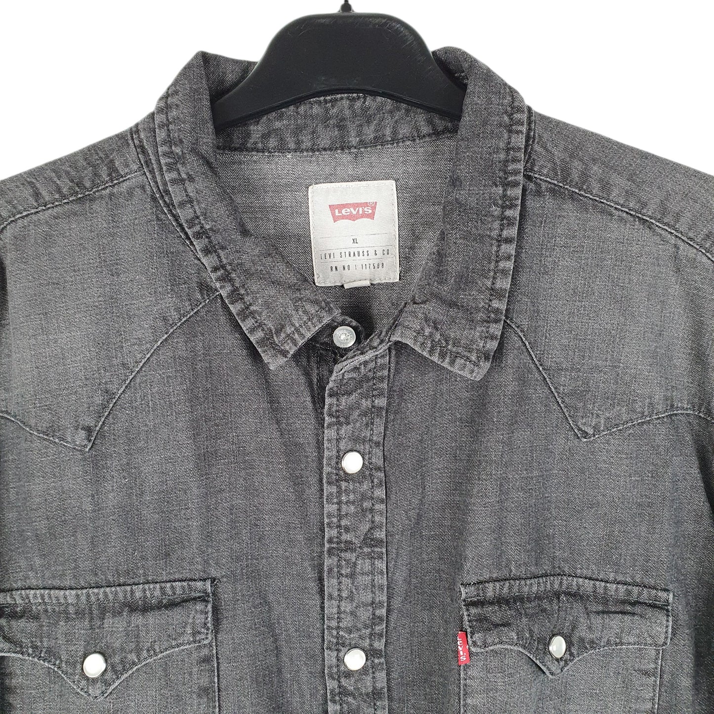Mens Grey Levis Denim Jeans Western Pearl Snap Cowboy Long Sleeve Shirt