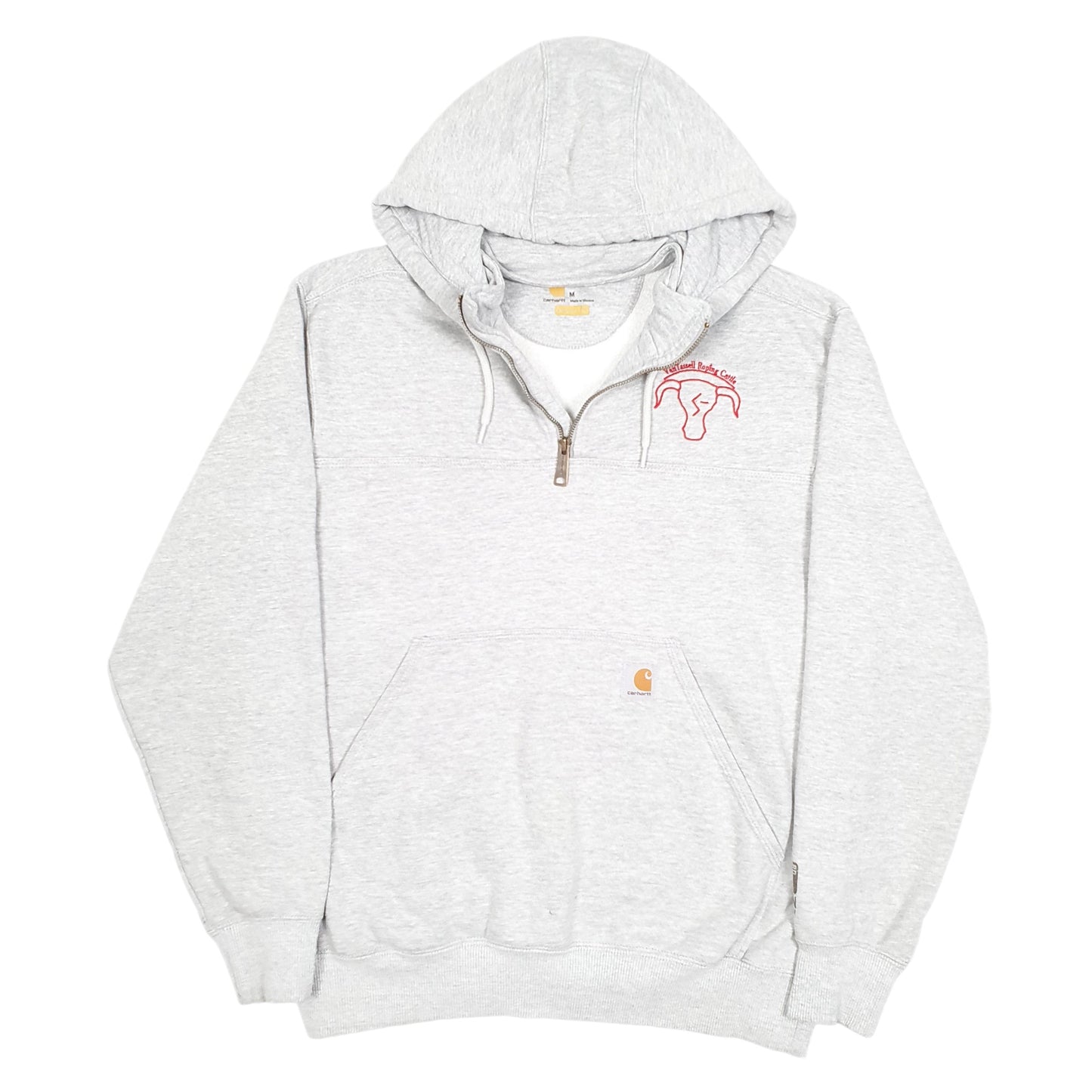 Mens Grey Carhartt Workwear Hoodie Van Tassell Roping Cattle USA Quarter Zip Jumper