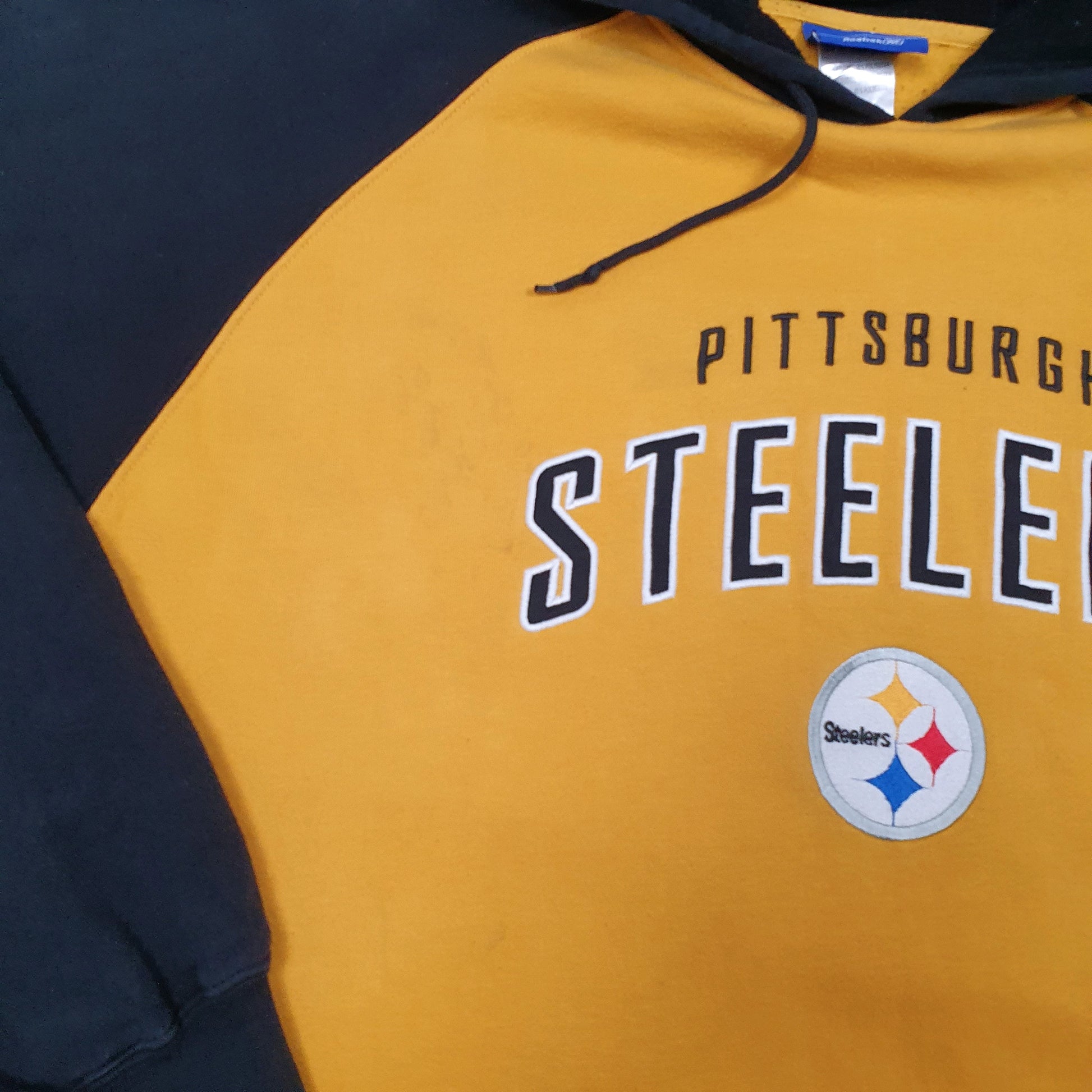 Mens Yellow Reebok NFL Pittsburgh Steelers American Football Spellout USA Hoodie Jumper