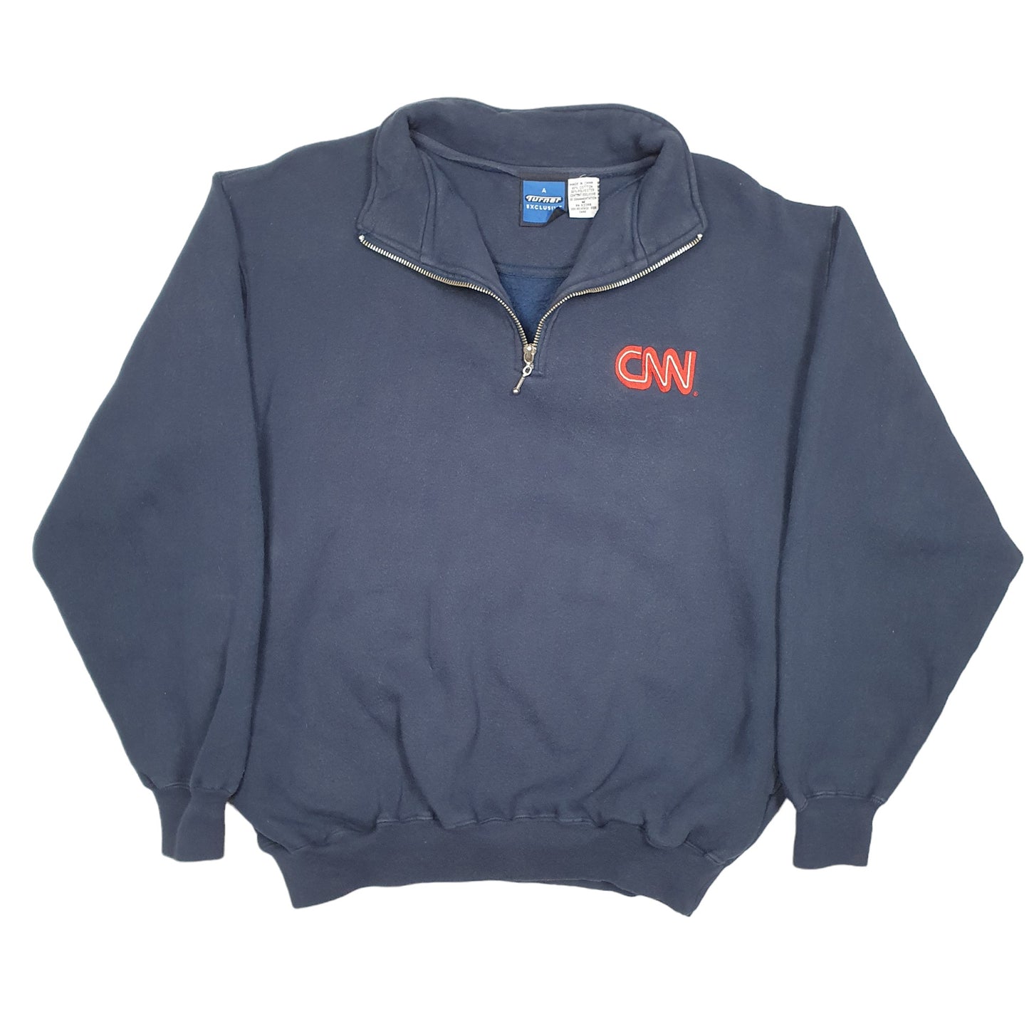 Mens Navy Turner Vintage CNN Network News USA Sweat Quarter Zip Jumper