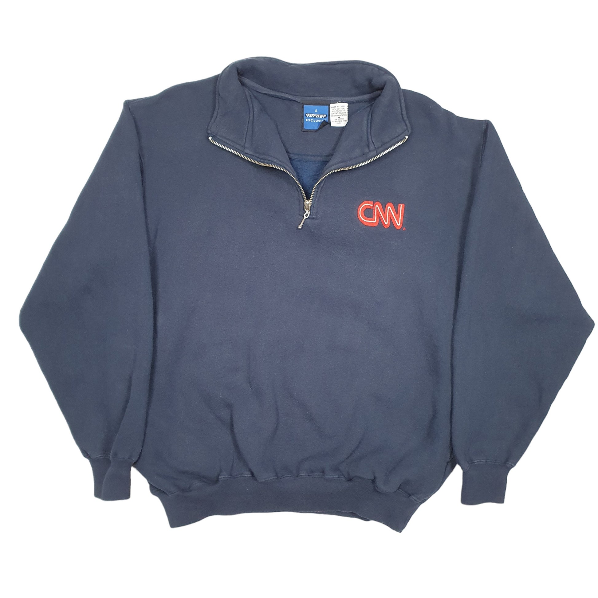 Mens Navy Turner Vintage CNN Network News USA Sweat Quarter Zip Jumper