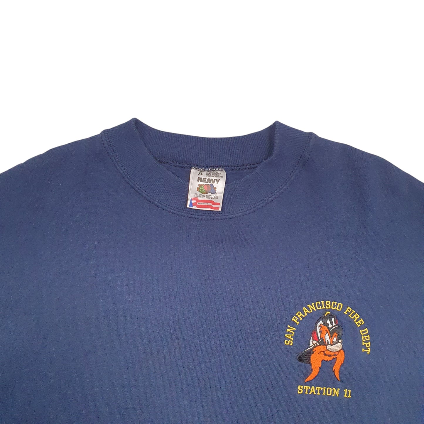 Mens Navy Fruit Of The Loom San Francisco Fire Department Made In USA Vintage Looney Tunes Crewneck Jumper