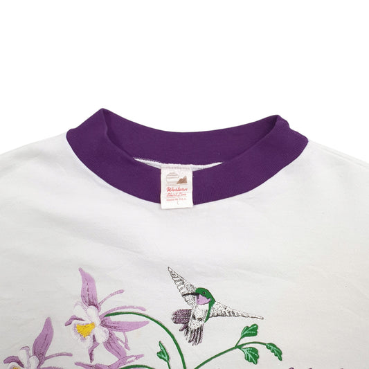 Womens White Western Shirt Line Alaska Made In USA Vintage 90's Birds Floral Crewneck Jumper