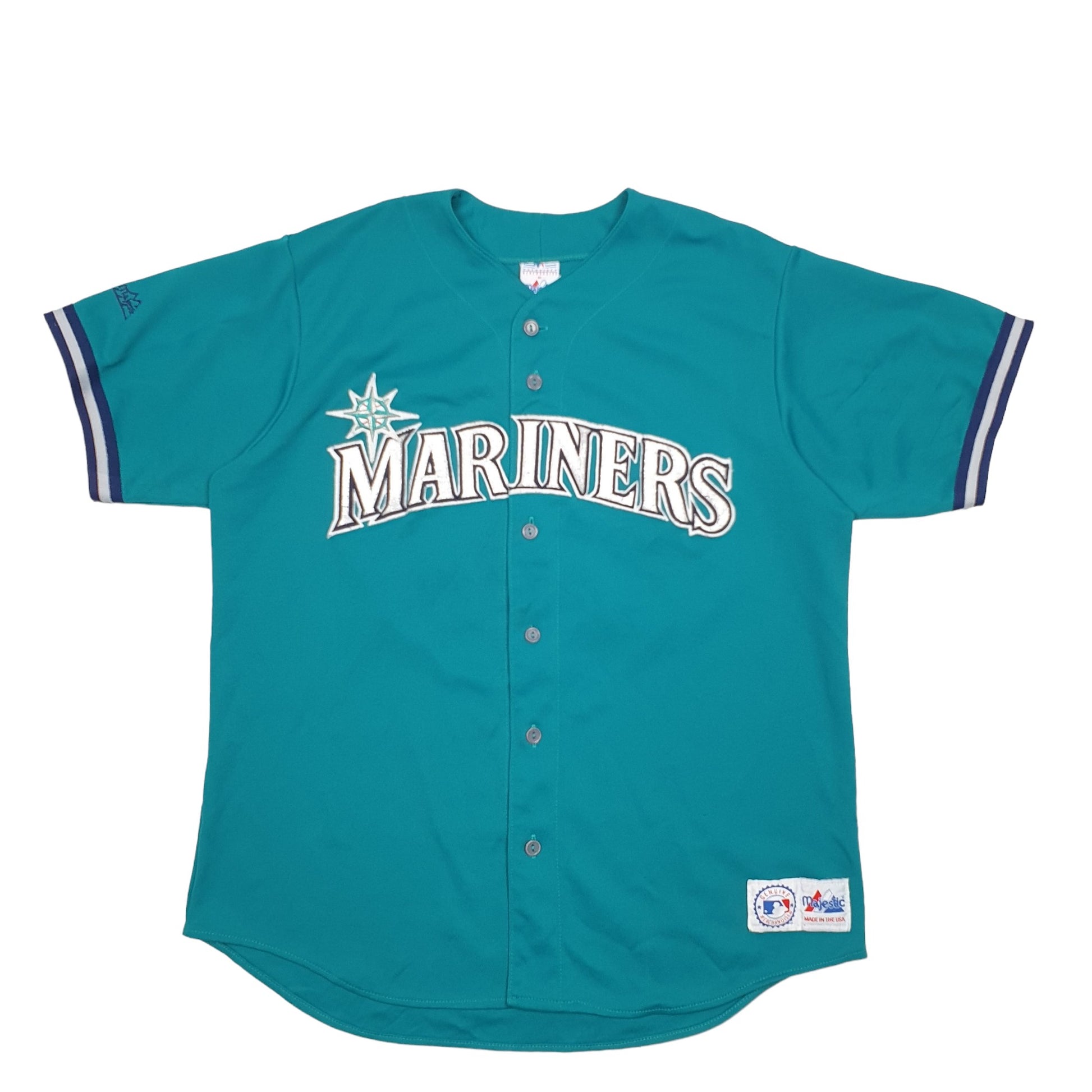 Mens Turquoise Majestic MLB Baseball Jersey Seattle Mariners Made In USA Short Sleeve T Shirt
