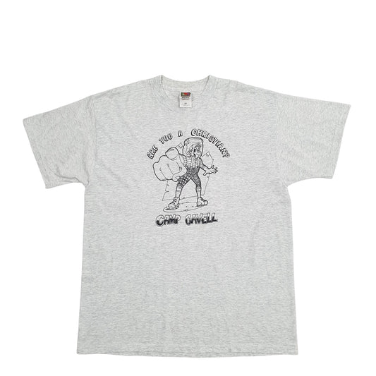 Mens Grey Fruit Of The Loom Single Stitch Vintage 90s Christian Cartoon Short Sleeve T Shirt