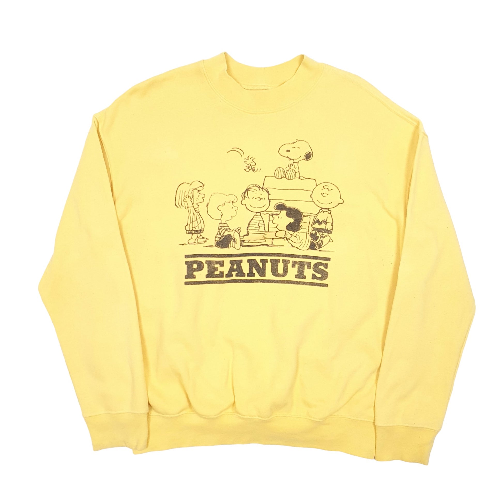 Mens Yellow Peanuts Snoopy Charlie Brown Throwback Crewneck Jumper