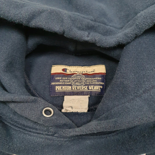 Mens Navy Champion Reverse Weave 2000s Garrison State Riding USA Spellout Hoodie Jumper