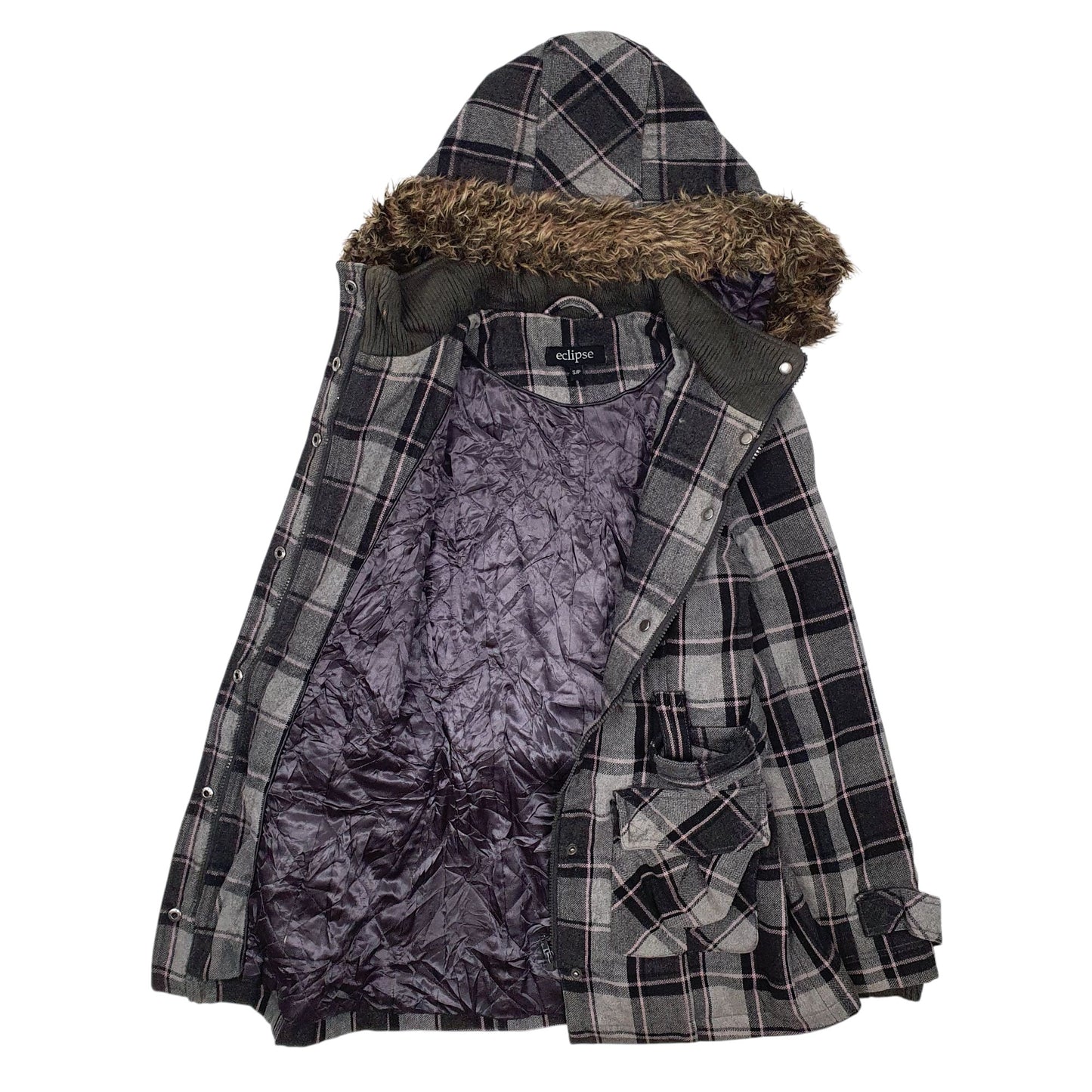 Womens Grey Eclipse Plaid Belted  Coat