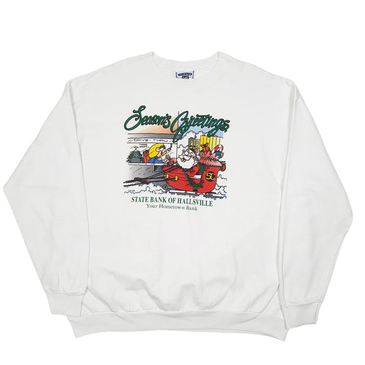 Mens White Lee Vintage 1996 Halls ville Bank Made In USA Festive Santa Crewneck Jumper