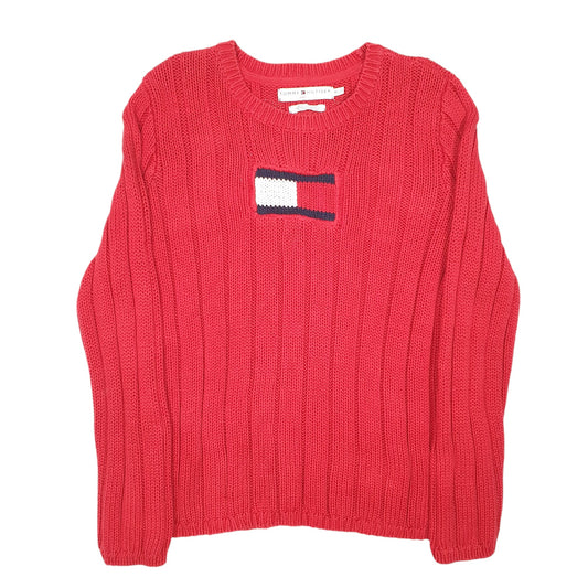 Womens Red Tommy Hilfiger Vintage Jeans Chunky Ribbed Cabe Box Logo 2000s Crewneck Jumper