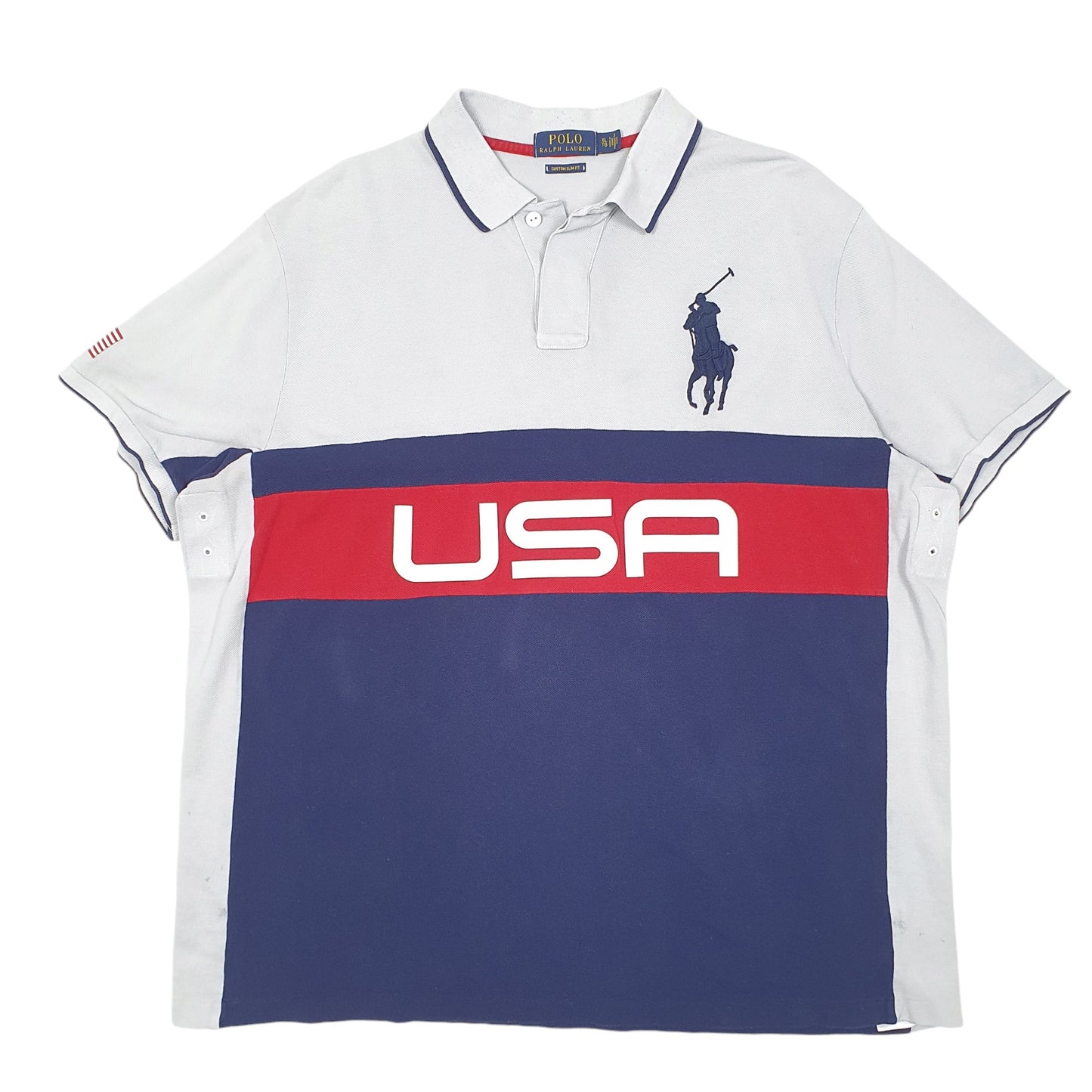 Mens Grey Polo Ralph Lauren USA Spellout Flag Short Sleeve Polo Shirt