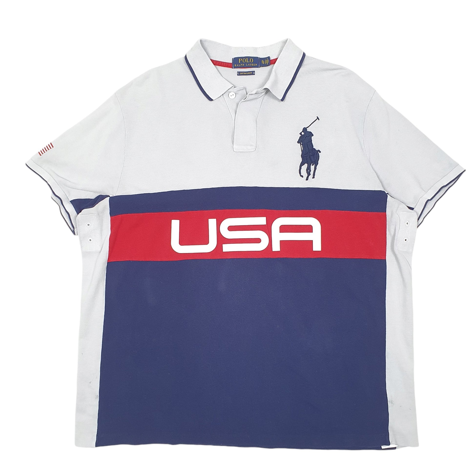 Mens Grey Polo Ralph Lauren USA Spellout Flag Short Sleeve Polo Shirt