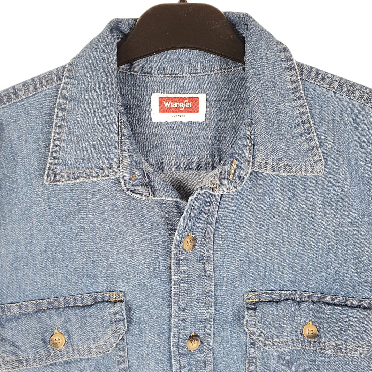 Mens Blue Wrangler Denim Jeans Chambray Work Short Sleeve Shirt