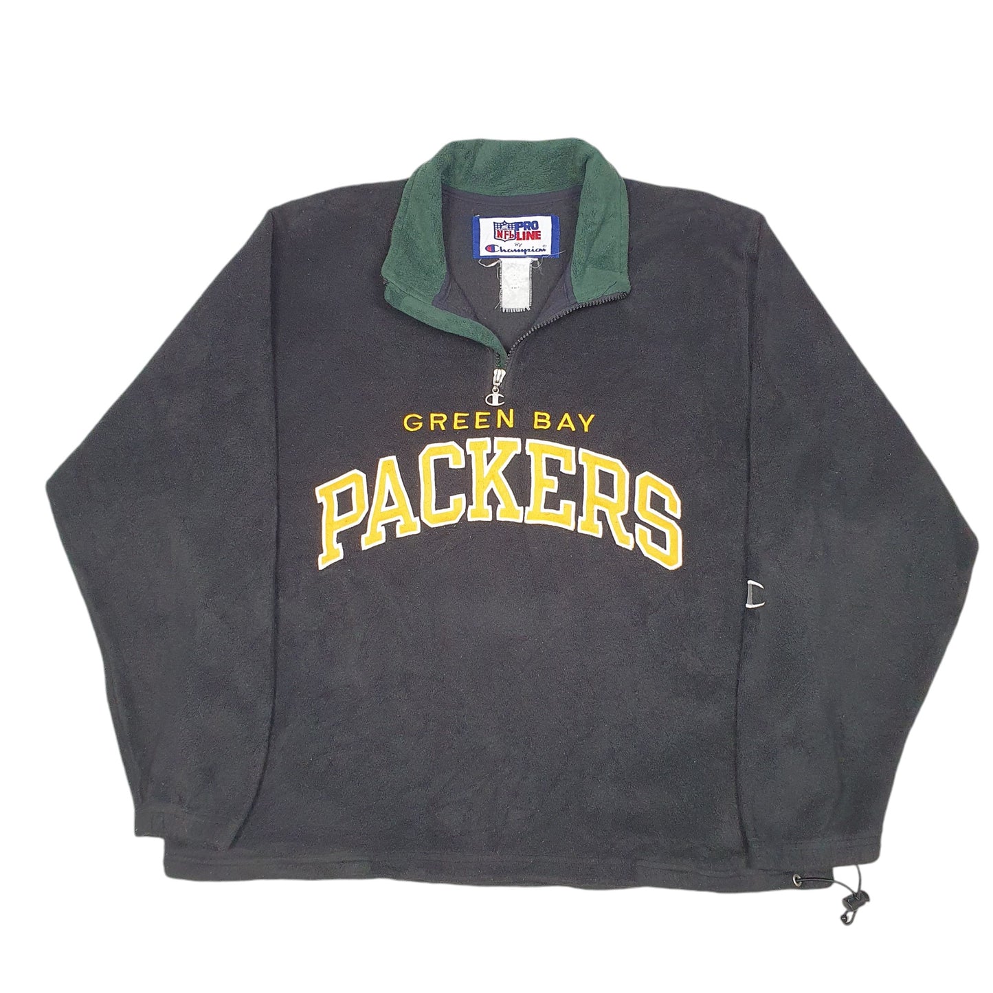 Mens Black Champion Vintage Pro Line NFL Green Bay Packers Spellout Football Quarter Zip Jumper
