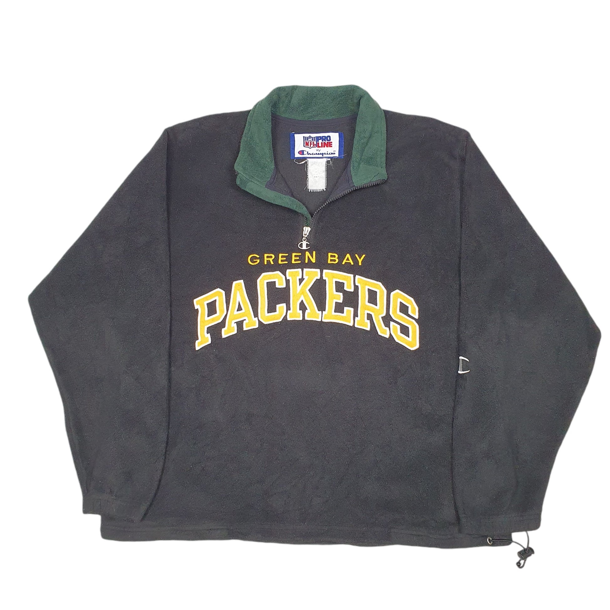 Mens Black Champion Vintage Pro Line NFL Green Bay Packers Spellout Football Quarter Zip Jumper