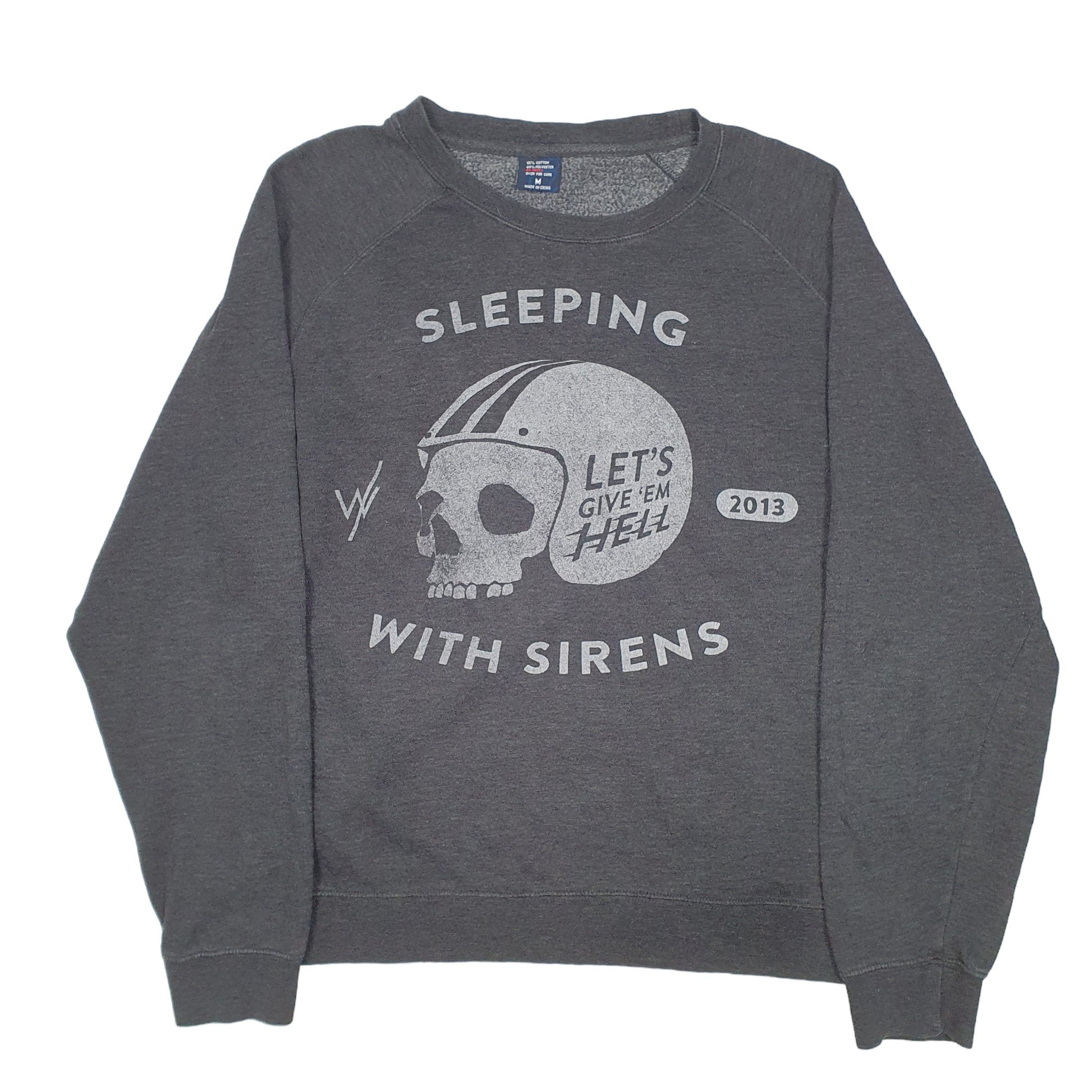 Mens Grey Sleeping With Sirens Biker Skull Give Em Hell 2013 Raglan Crewneck Jumper