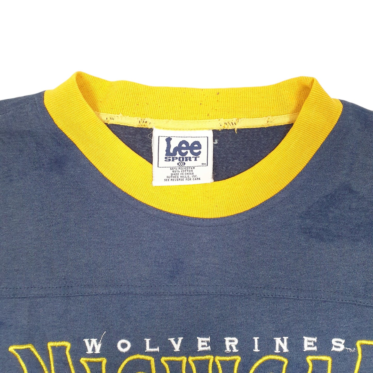 Mens Navy Lee Vintage 90s Sport Michigan Wolverines Spellout USA Football Crewneck Jumper