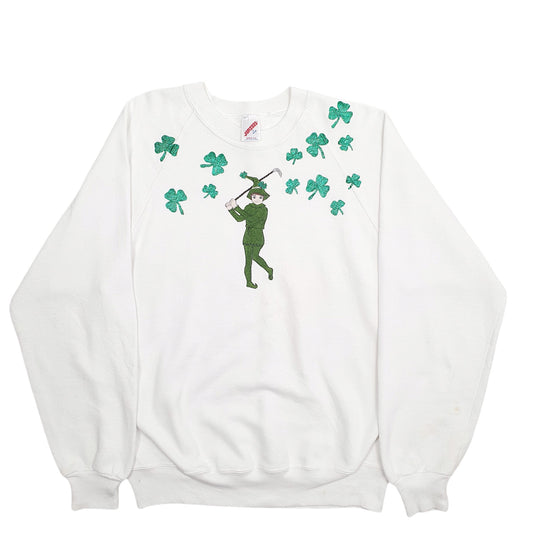 Mens White Jerzees Leprechaun Golf Made In USA Vintage 90's Crewneck Jumper