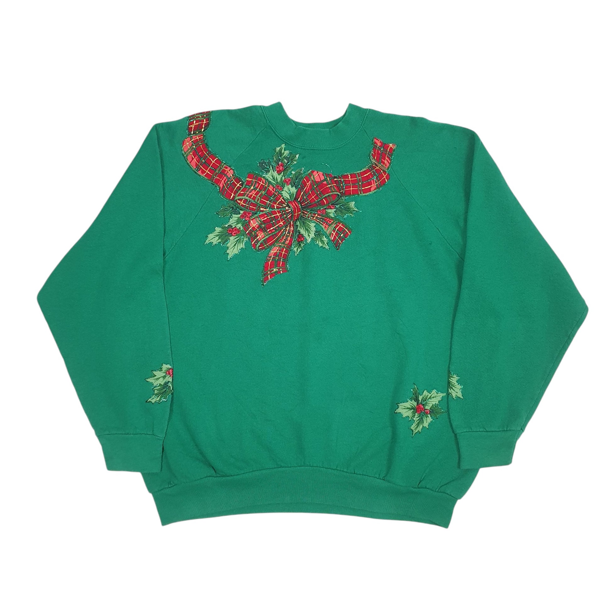 Mens Green Fruit Of The Loom Vintage 90s Made In USA Christmas Crewneck Jumper