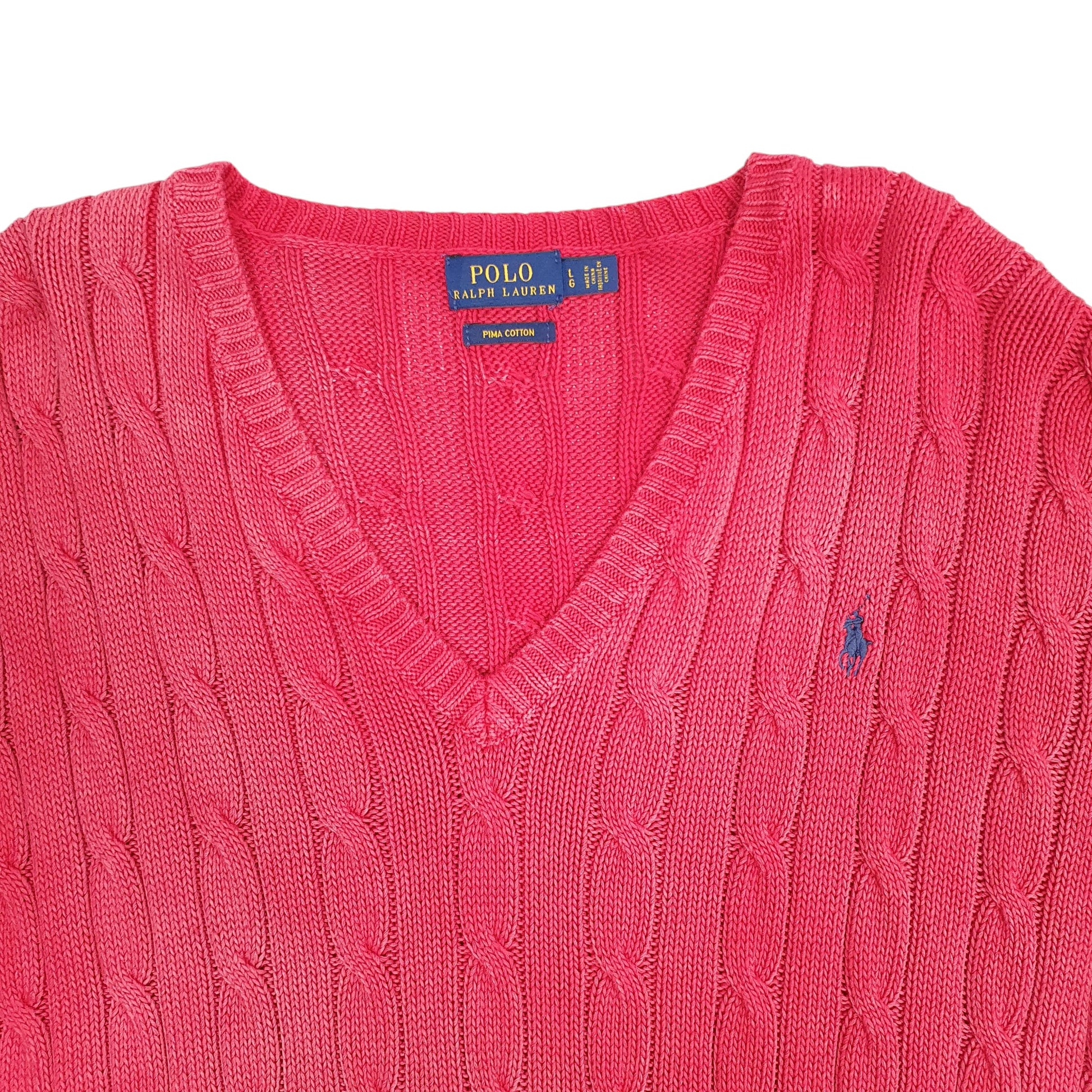 Womens Red Polo Ralph Lauren Cable Knit V Neck Jumper