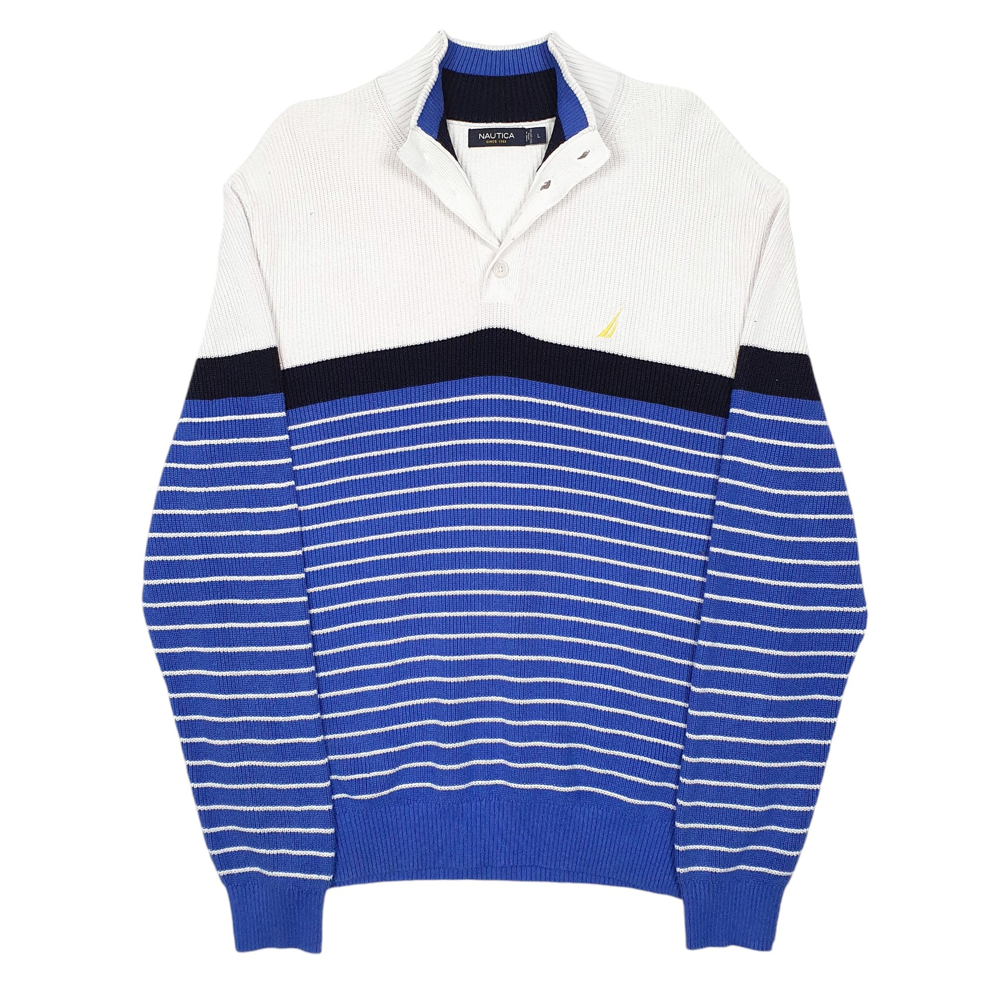 Mens Blue Nautica Knit Button Striped Quarter Zip Jumper