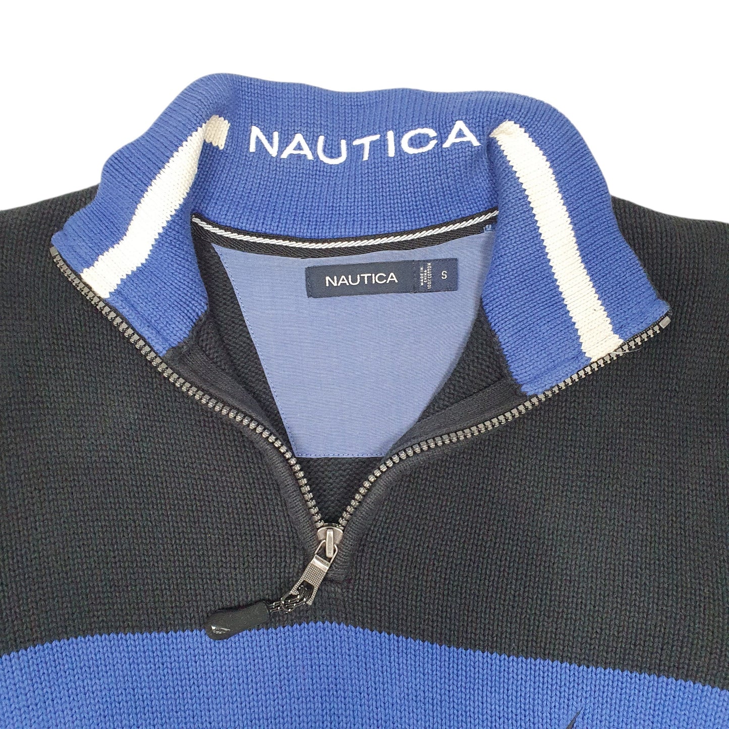 Mens Black Nautica Knit Stripe Quarter Zip Jumper