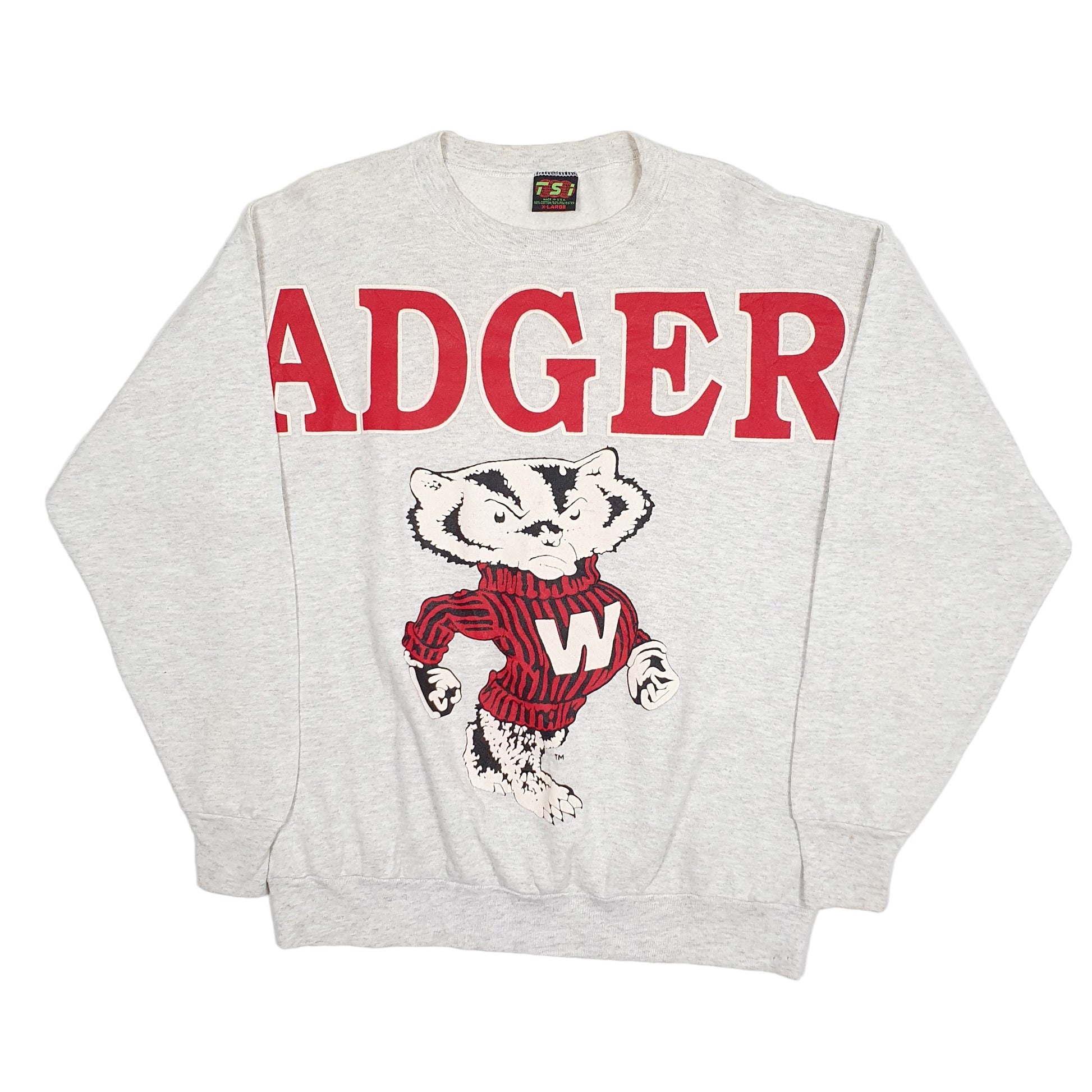 Mens Grey TSI Vintage 1990s Made in USA Wisconsin Badgers USA College Crewneck Jumper