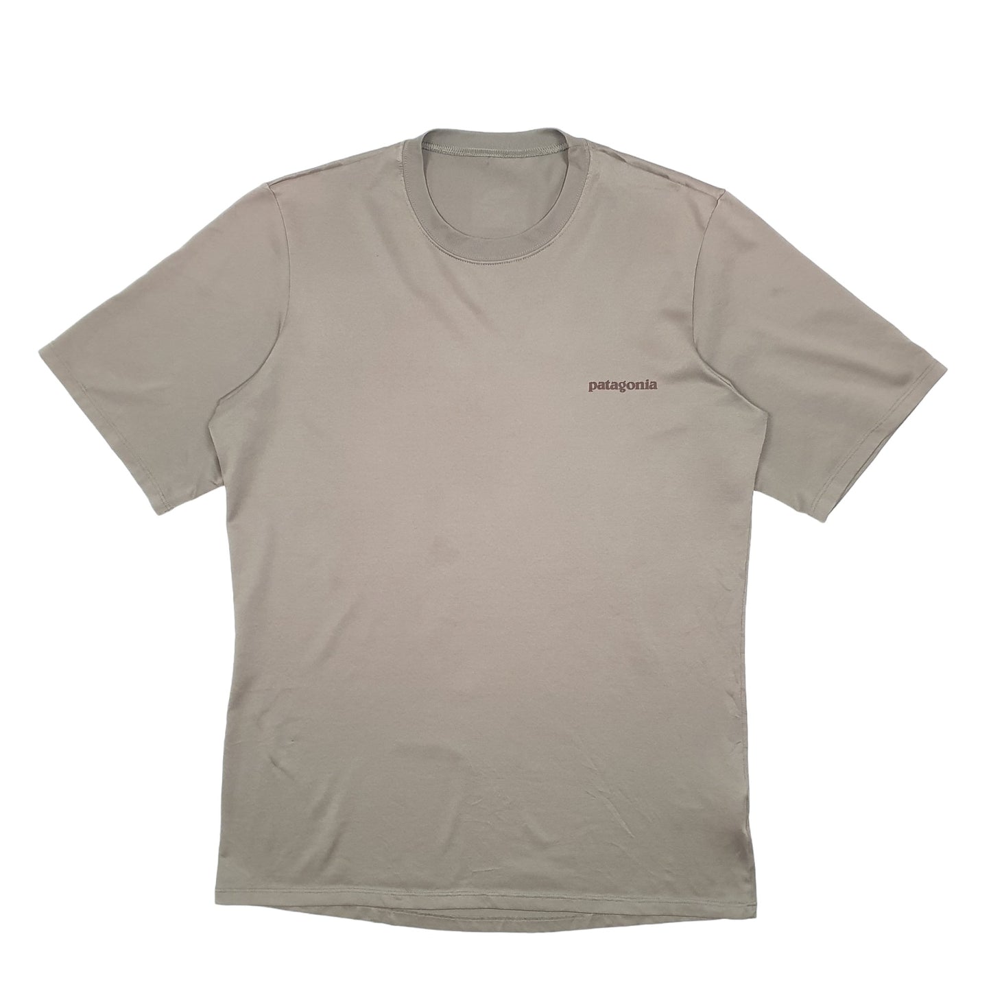 Mens Khaki Patagonia Active Spellout Great Pacific Iron Works Waves Short Sleeve T Shirt