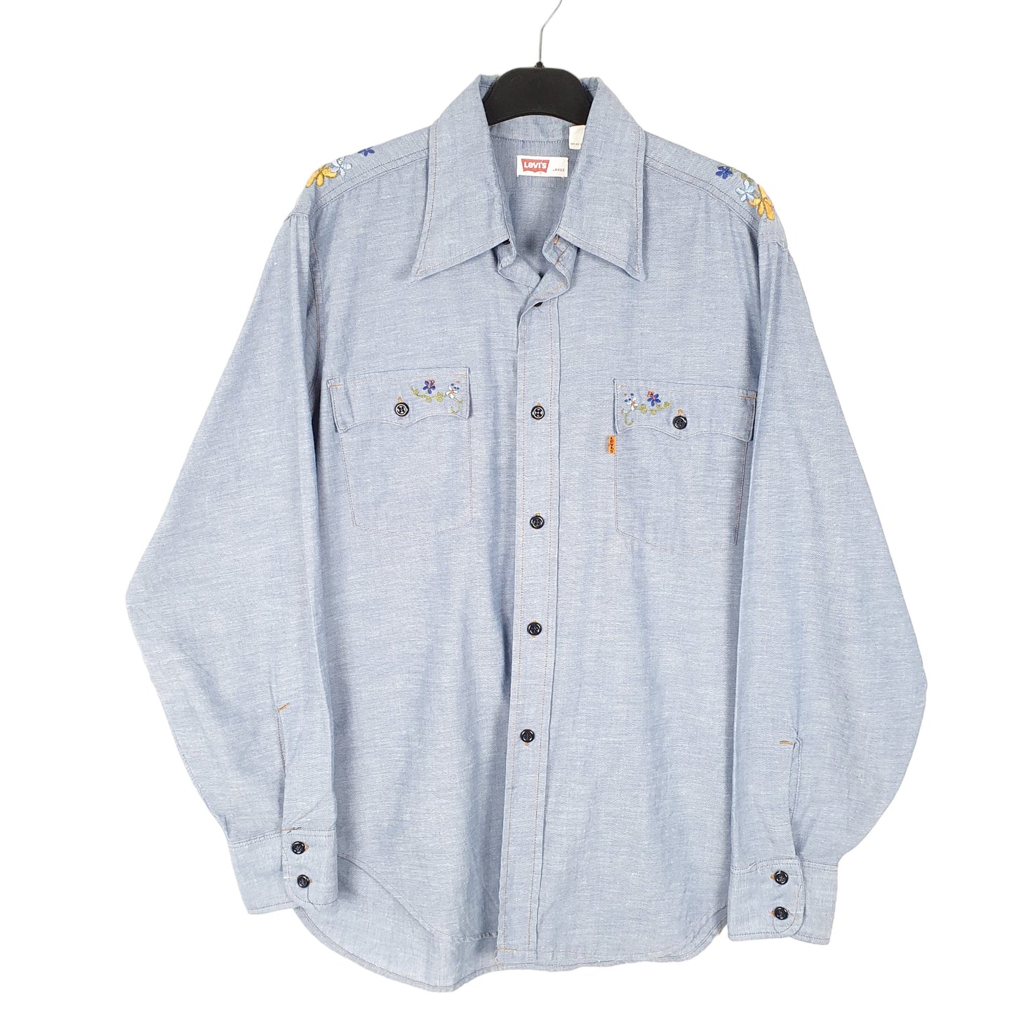 Mens Blue Levis Vintage Orange Tab Folk Embroidery Made In USA Long Sleeve Shirt