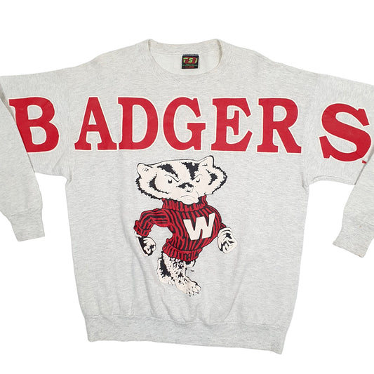 Mens Grey TSI Vintage 1990s Made in USA Wisconsin Badgers USA College Crewneck Jumper