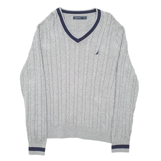 Mens Grey Nautica Knit Cable V neck Jumper