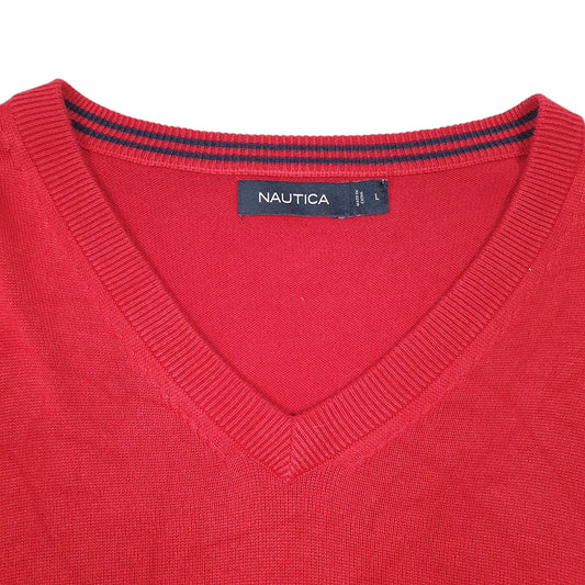 Mens Red Nautica Knit V Neck Sweater Crewneck Jumper