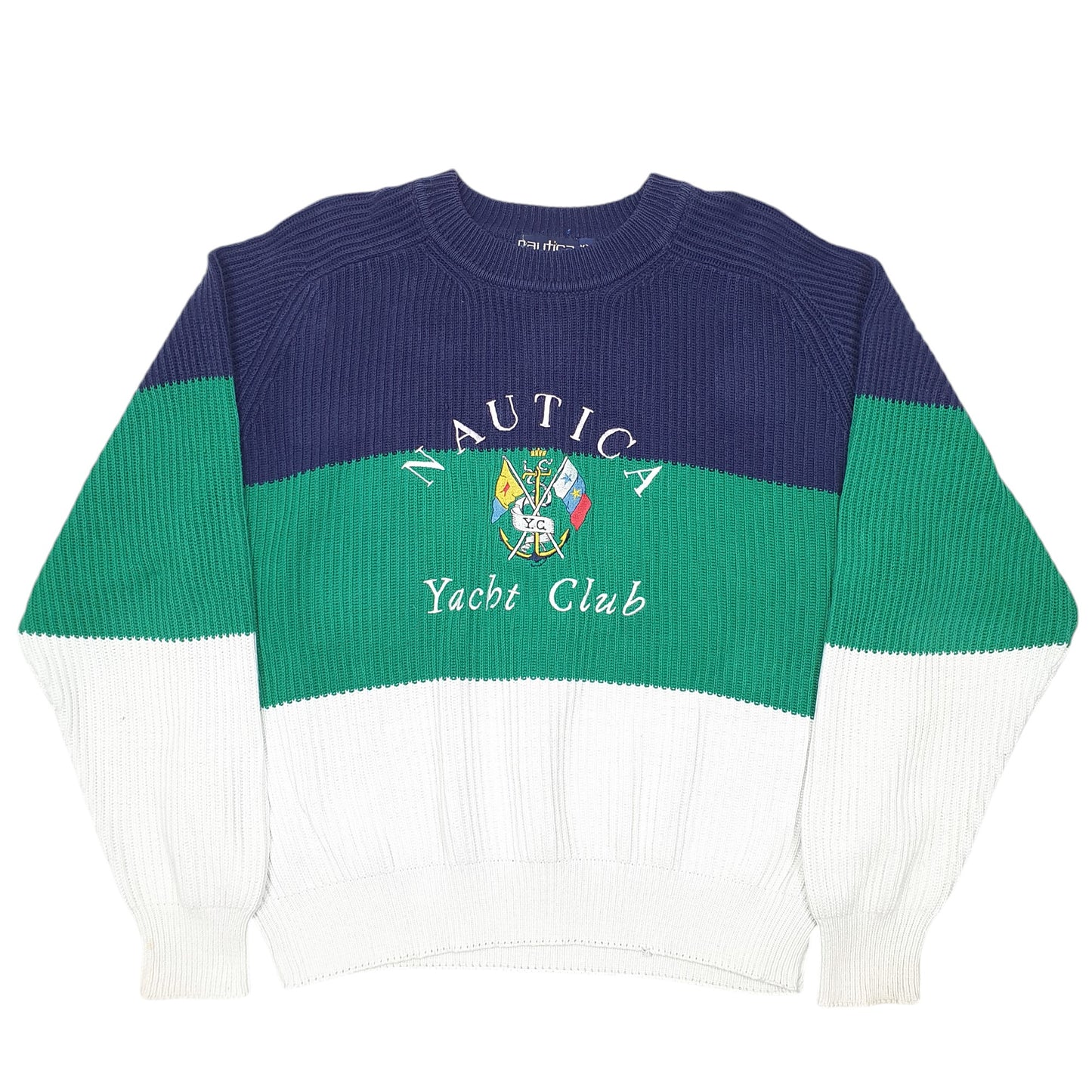 Mens White Nautica Knit Vintage Yacht Club 90s Spellout Crewneck Jumper