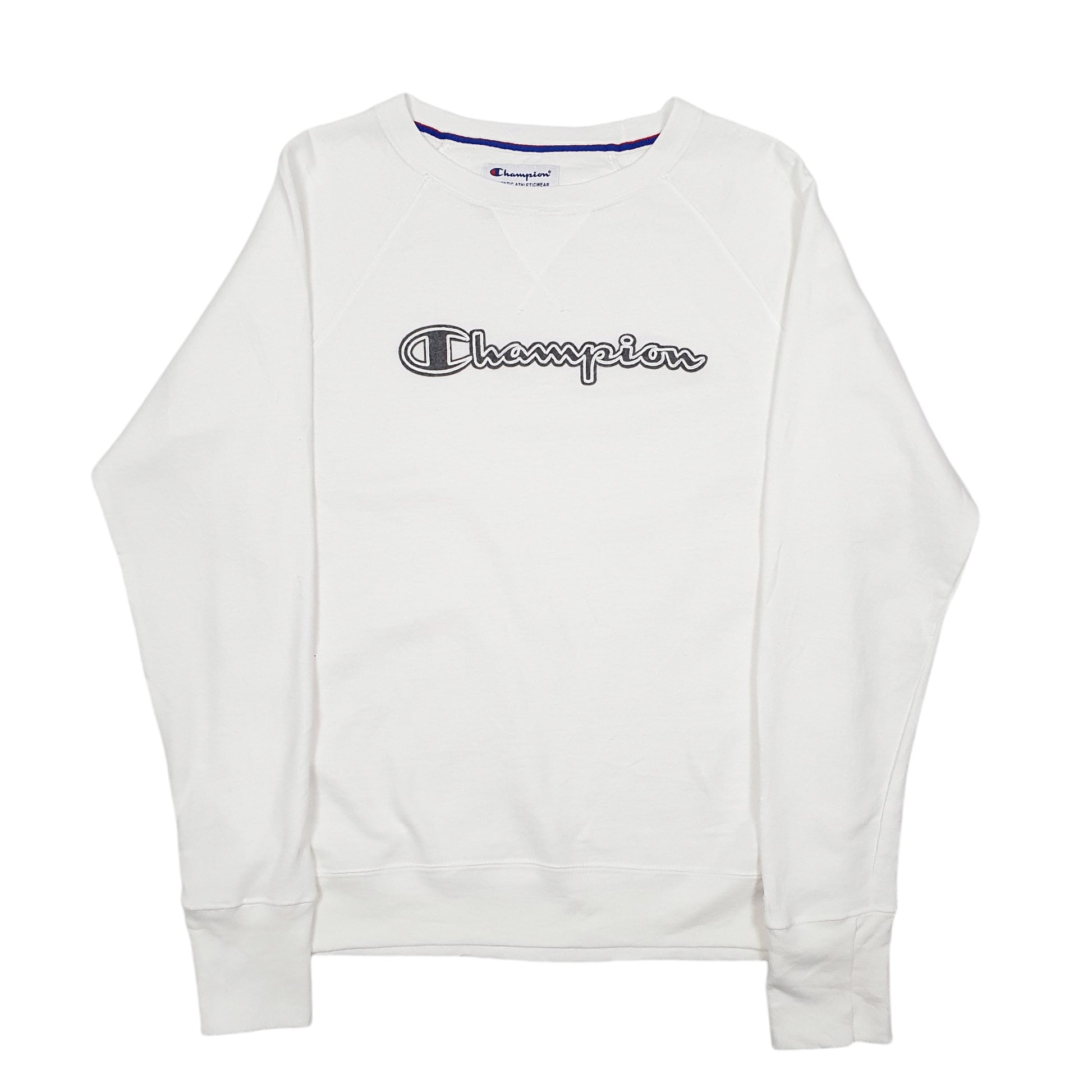 Womens White Champion Raglan Script Crewneck Jumper