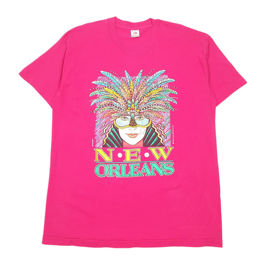 Mens Pink Fruit Of The Loom Single Stitch Vintage 90s Made In USA New Orleans 1990 Short Sleeve T Shirt