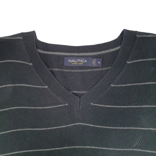 Mens Black Nautica Knit Striped V Neck Jumper