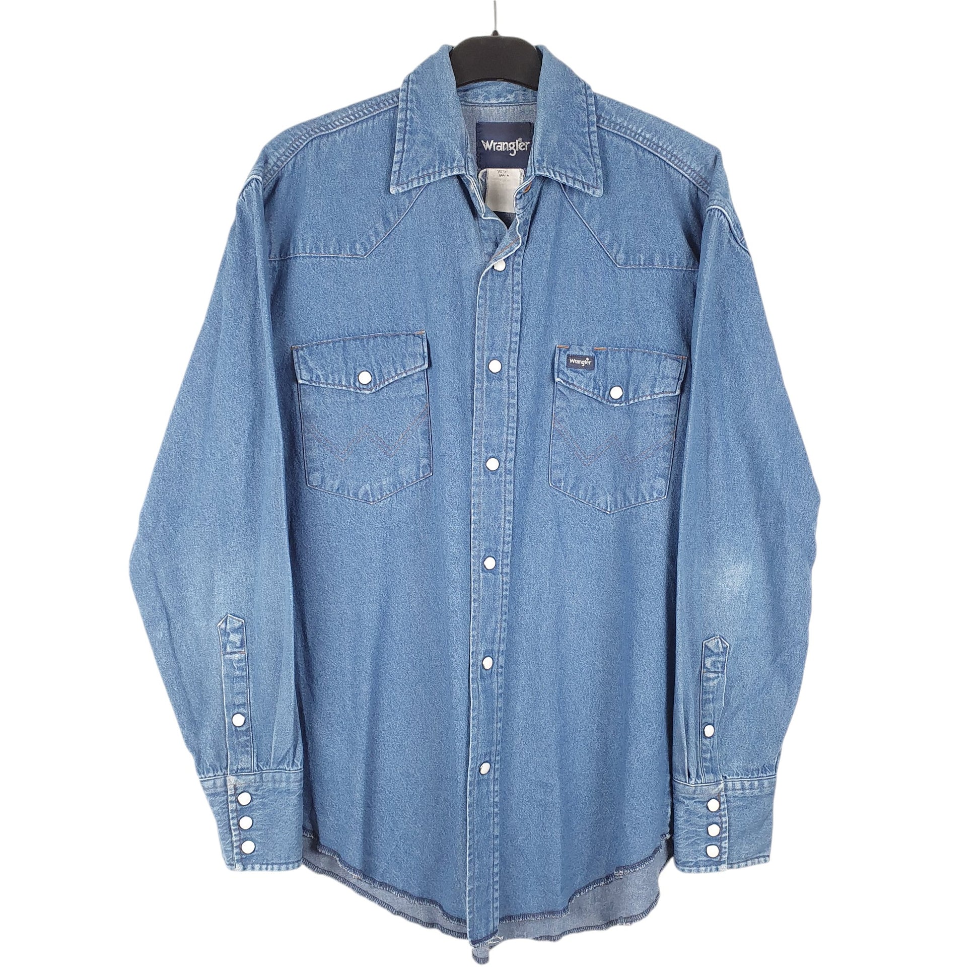 Mens Blue Wrangler Denim Jeans Western Pearl Snap Cowboy Long Sleeve Shirt