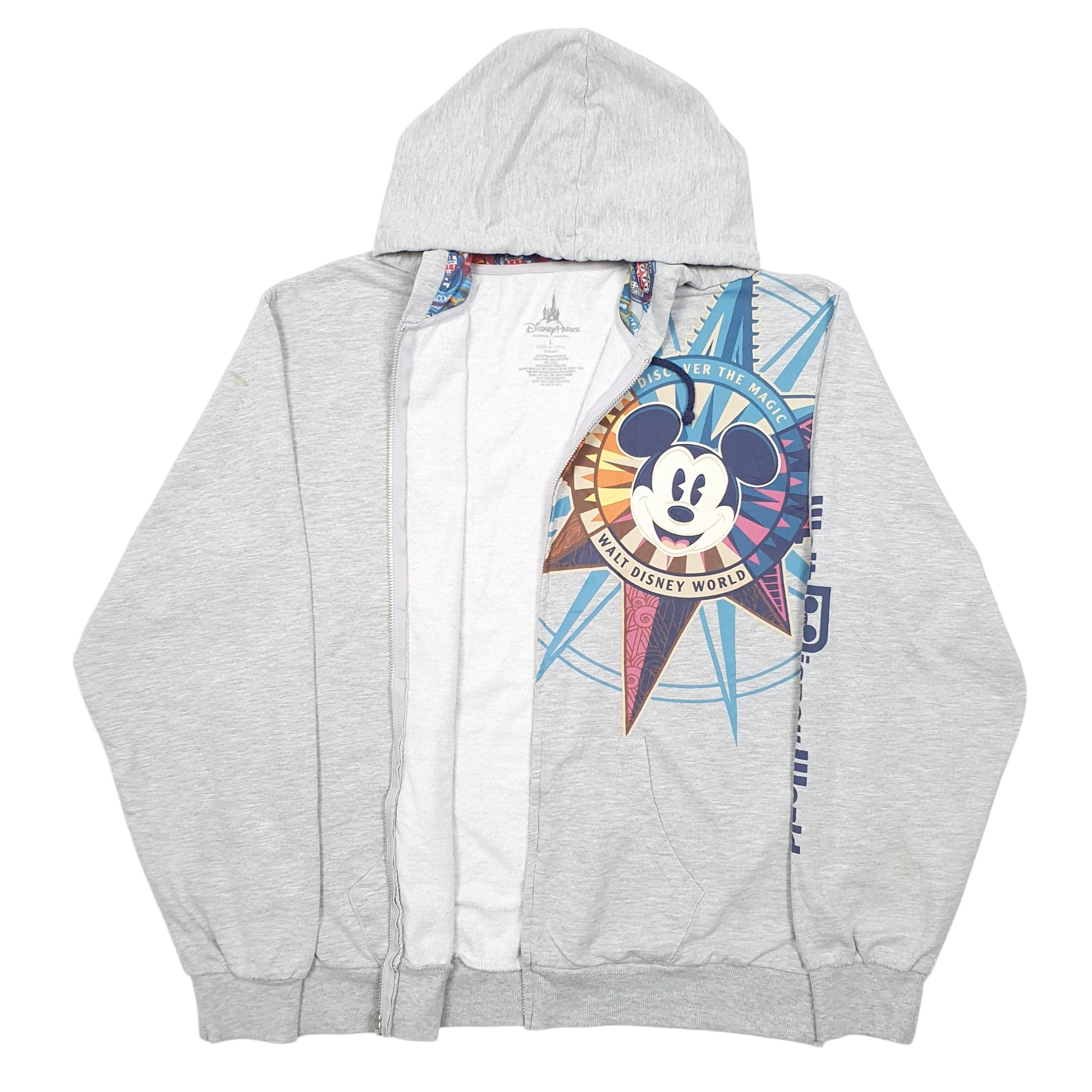 Mens Grey Disney Hoodie Mickey Mouse Walt Disney World Full Zip Jumper