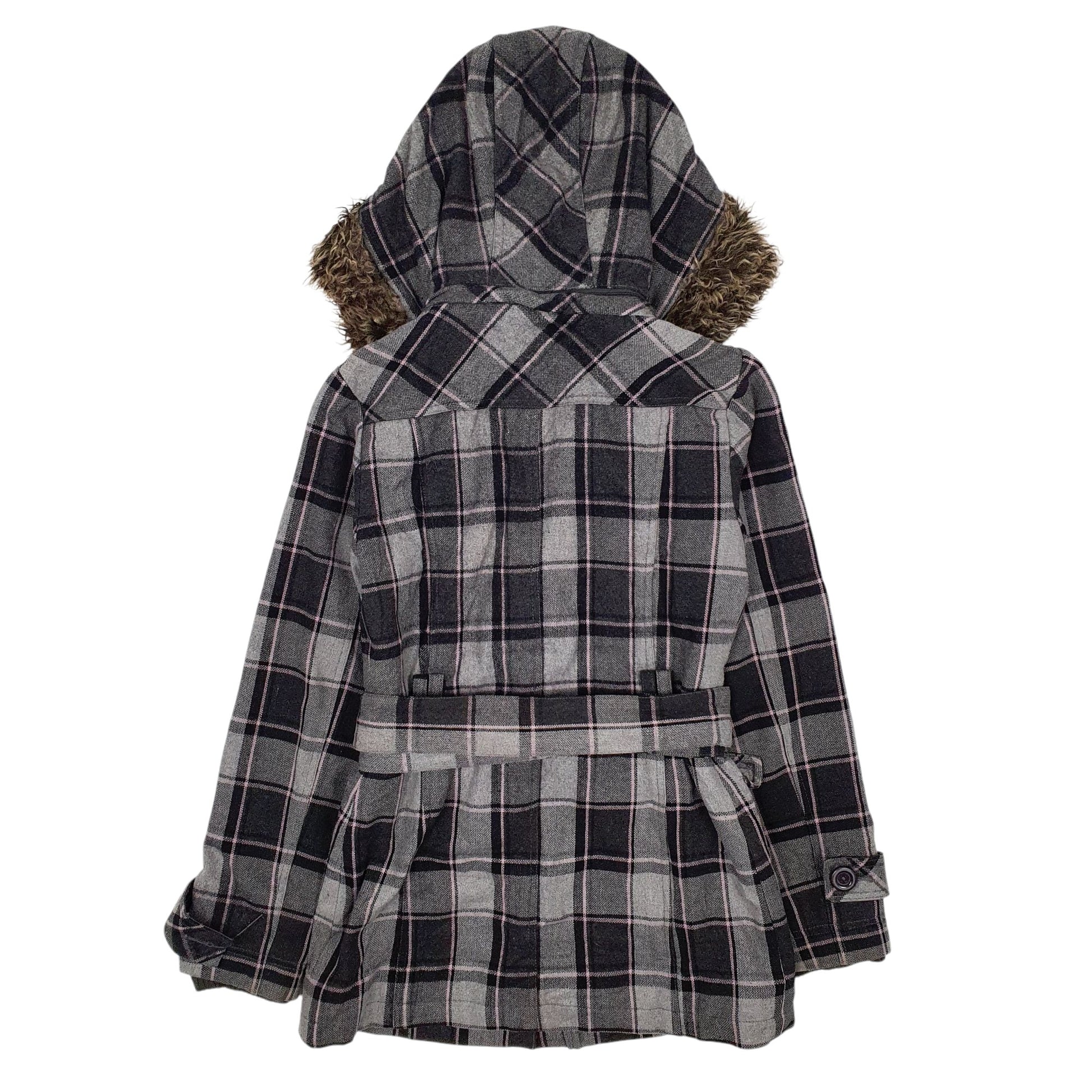 Womens Grey Eclipse Plaid Belted  Coat
