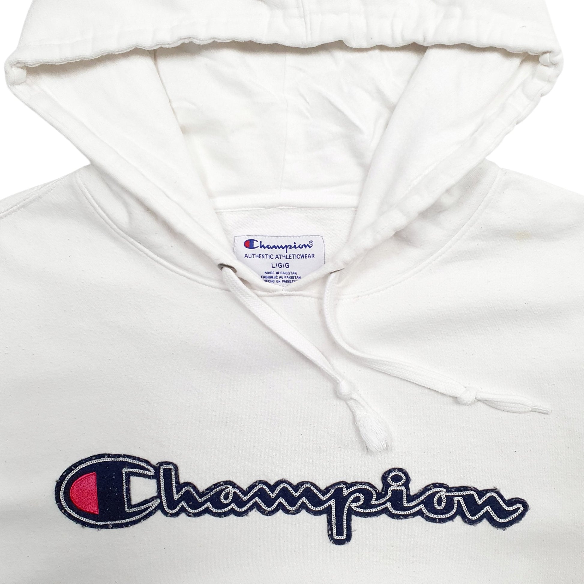 Mens White Champion Spellout Hoodie Jumper