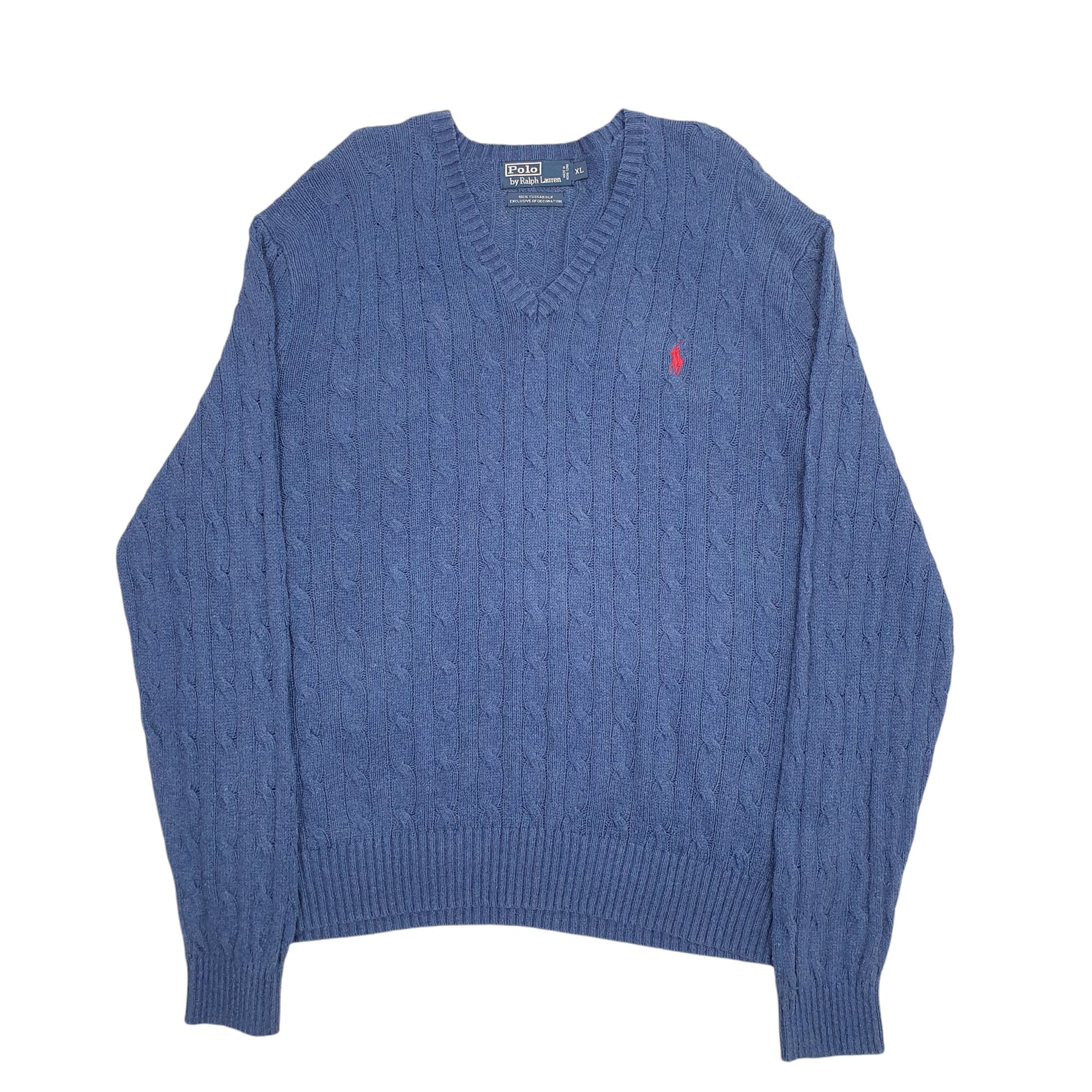 Mens Blue Ralph Lauren Tussah Silk Cable Knit Crewneck Jumper