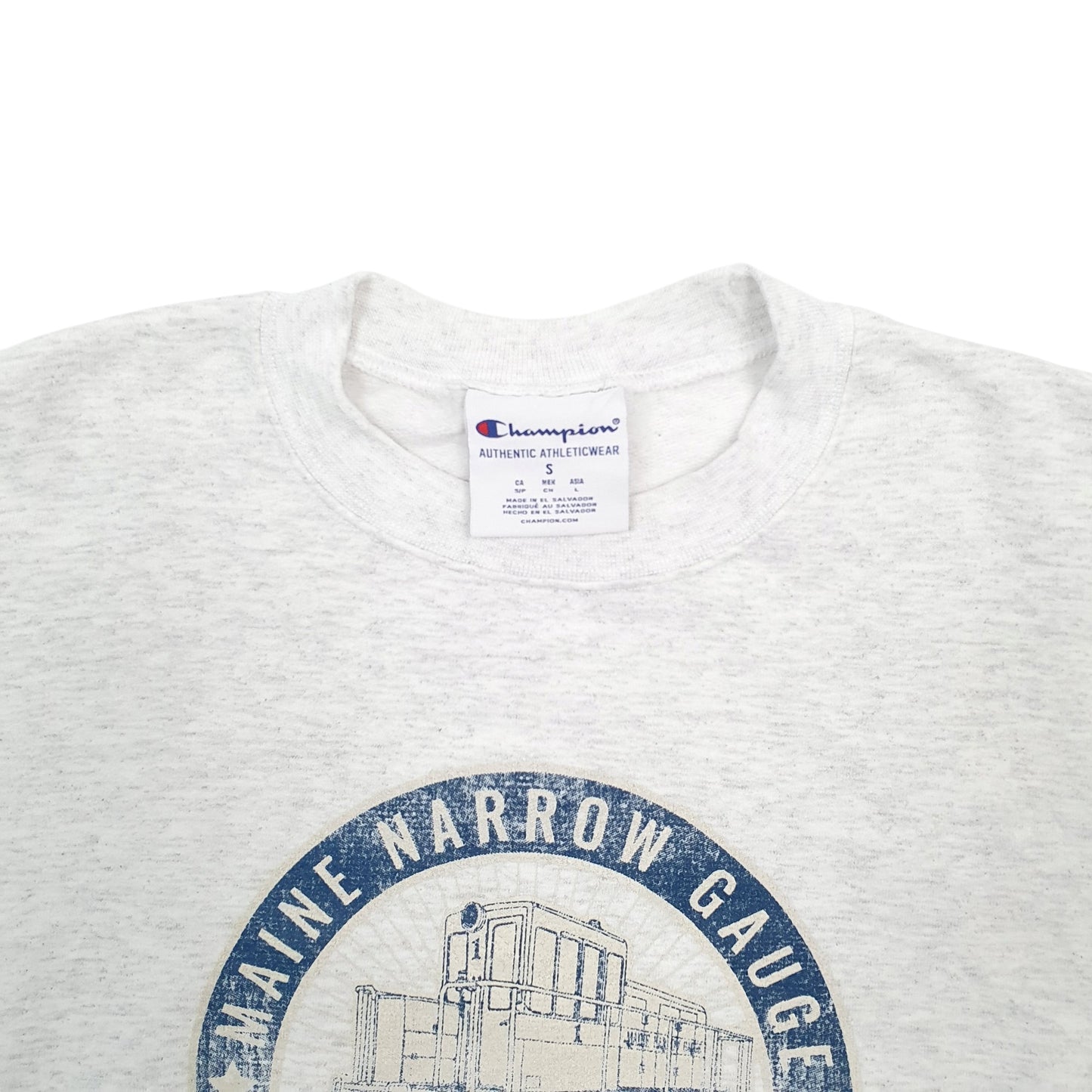 Mens Grey Champion Maine Narrow Gauge Train Railroad Spellout Crewneck Jumper