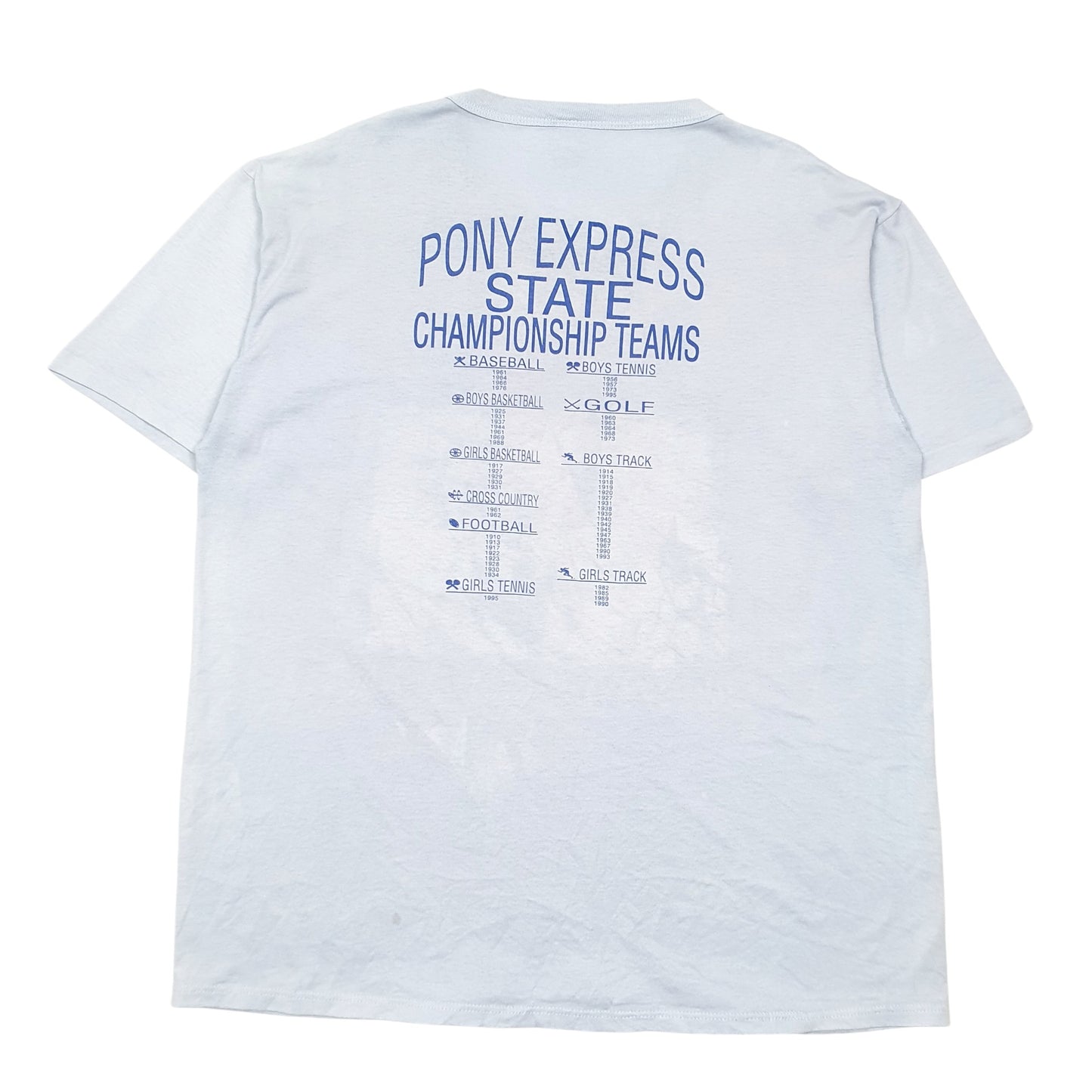 Mens Blue Russell Athletic Single Stitch Vintage 90s Made In USA Huntington High Athletics Short Sleeve T Shirt