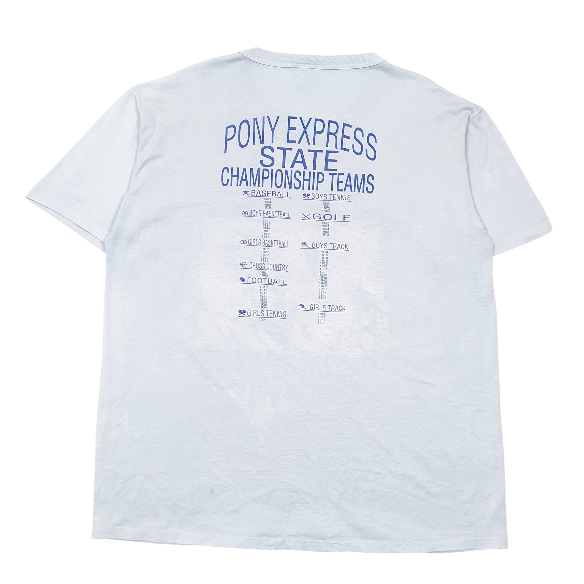 Mens Blue Russell Athletic Single Stitch Vintage 90s Made In USA Huntington High Athletics Short Sleeve T Shirt