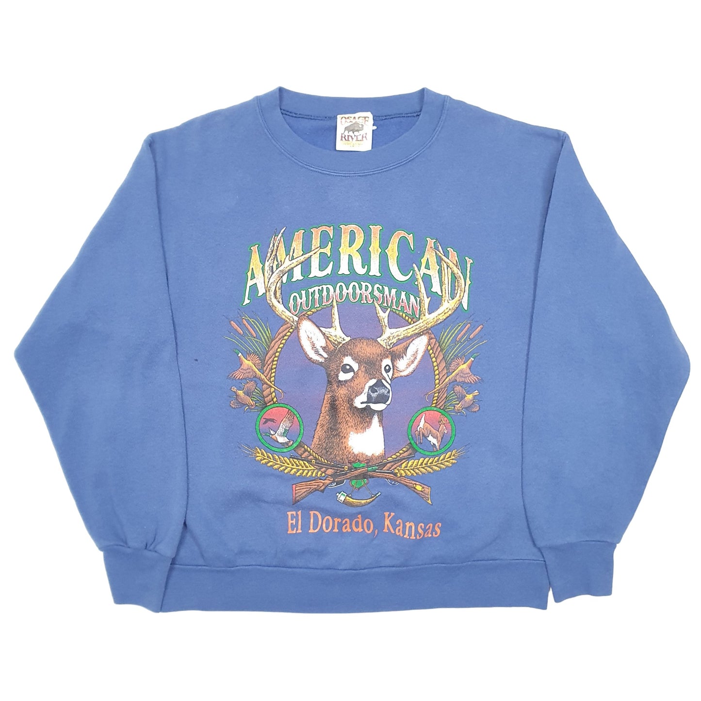 Womens Blue Osage River Vintage American Outdoorsman Hunting Made In USA Crewneck Jumper