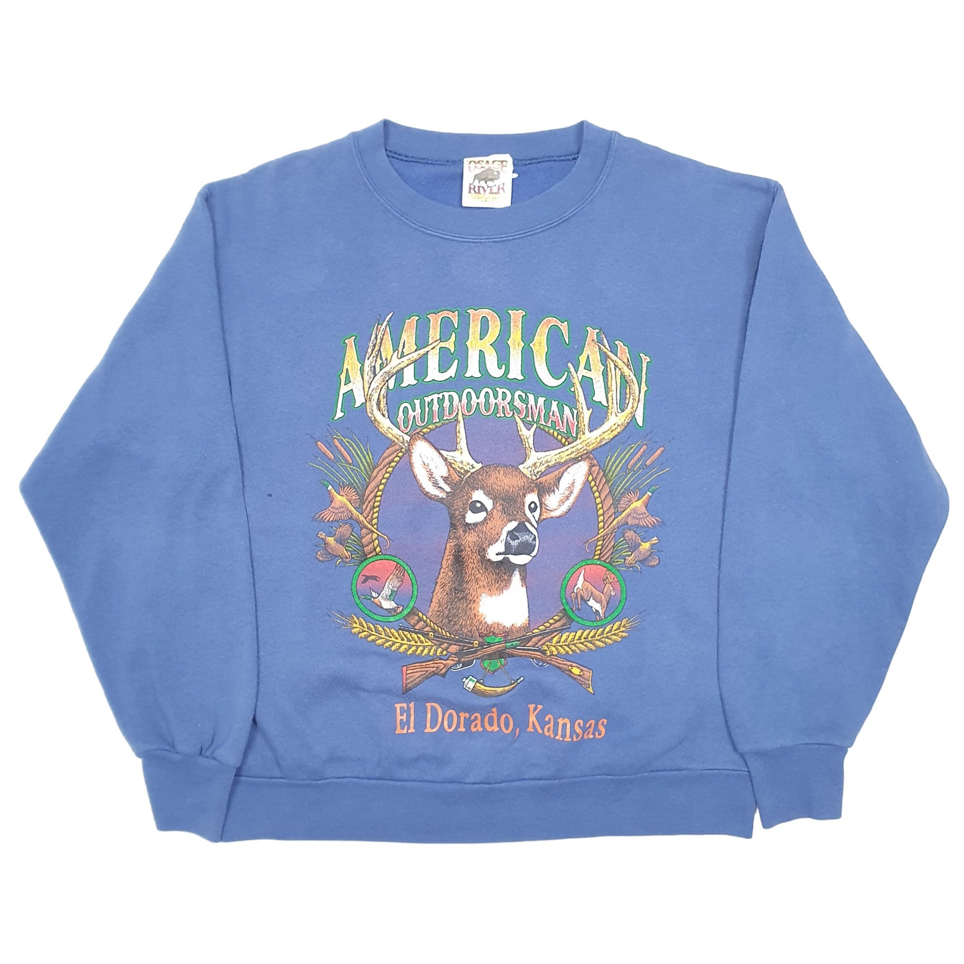 Womens Blue Osage River Vintage American Outdoorsman Hunting Made In USA Crewneck Jumper