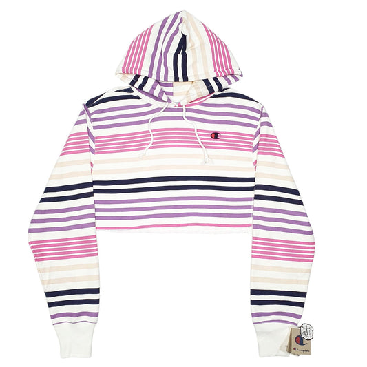 Womens White Champion Cropped Striped Oversized Reverse Weave Hoodie Jumper